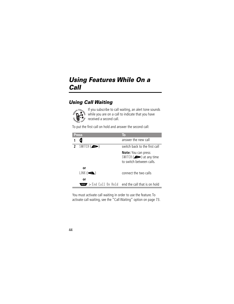 Using features while on a call, Using call waiting | Motorola 60g User Manual | Page 46 / 222