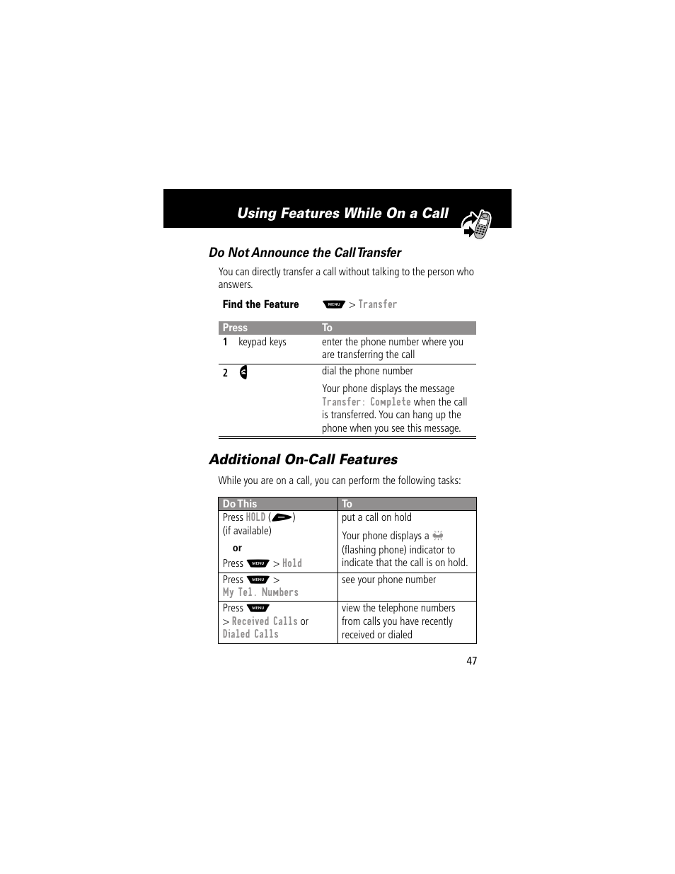 Additional oncall features, Additional on-call features, Using features while on a call | Motorola 60g User Manual | Page 49 / 222