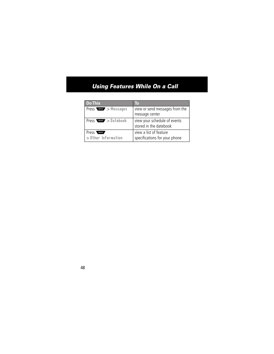 Using features while on a call | Motorola 60g User Manual | Page 50 / 222