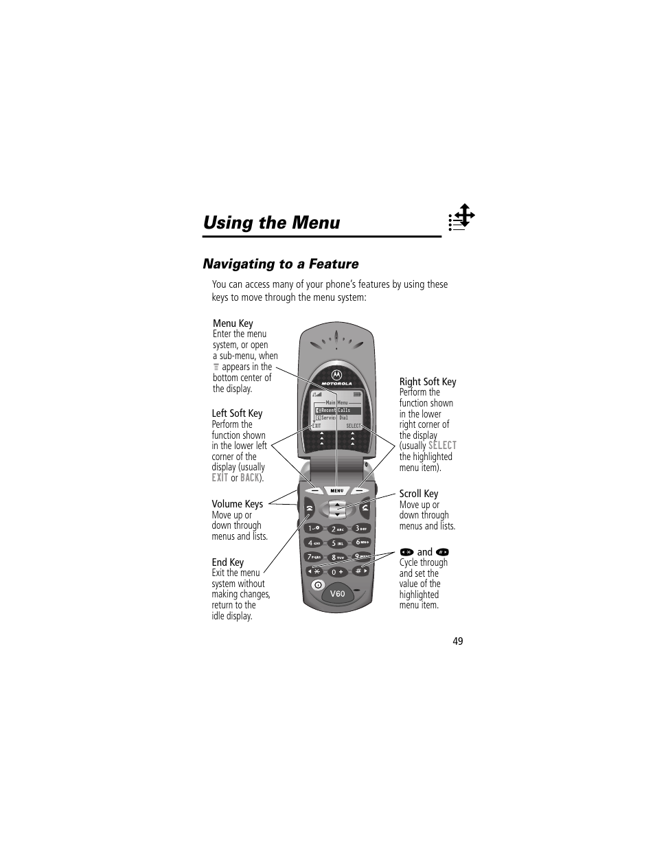 Using the menu, Navigating to a feature | Motorola 60g User Manual | Page 51 / 222