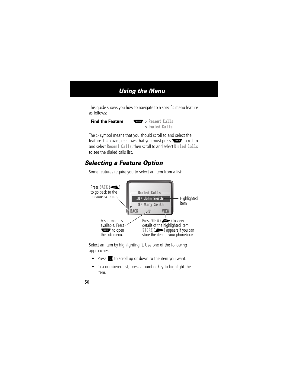 Selecting a feature option, Using the menu | Motorola 60g User Manual | Page 52 / 222