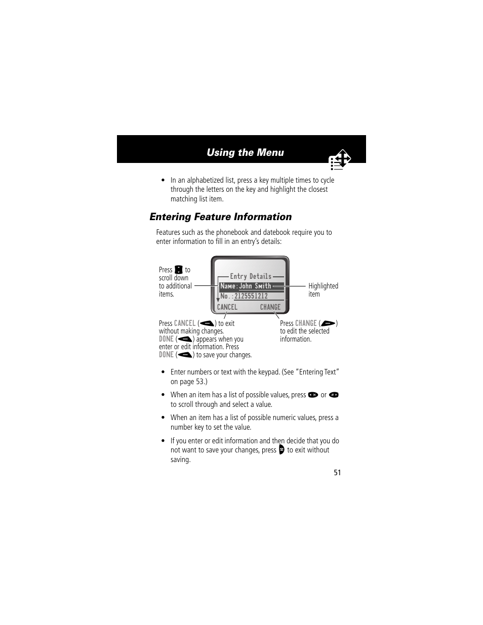 Entering feature information, Using the menu | Motorola 60g User Manual | Page 53 / 222