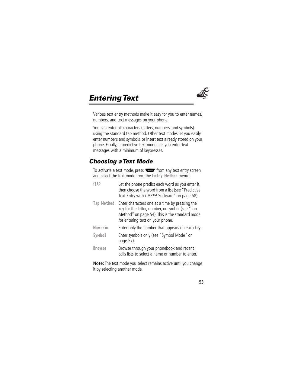 Entering text, Choosing a text mode | Motorola 60g User Manual | Page 55 / 222