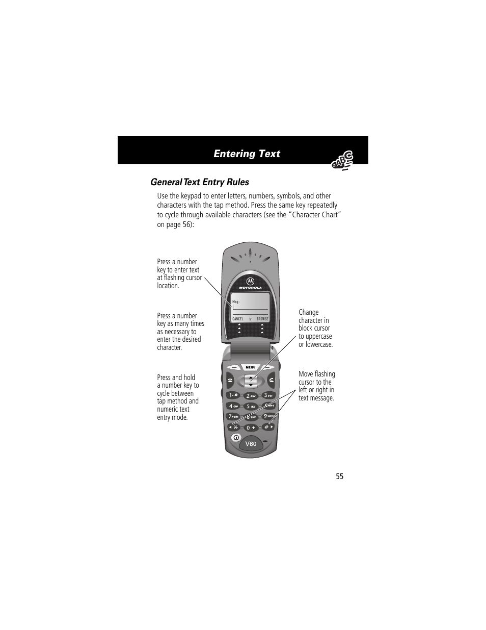 Entering text, General text entry rules | Motorola 60g User Manual | Page 57 / 222