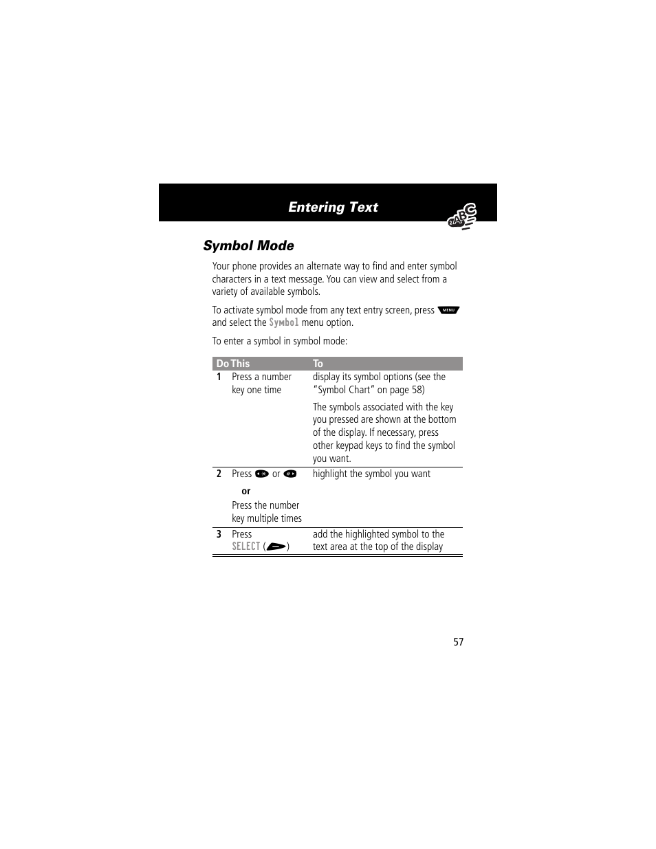 Symbol mode, Entering text symbol mode | Motorola 60g User Manual | Page 59 / 222