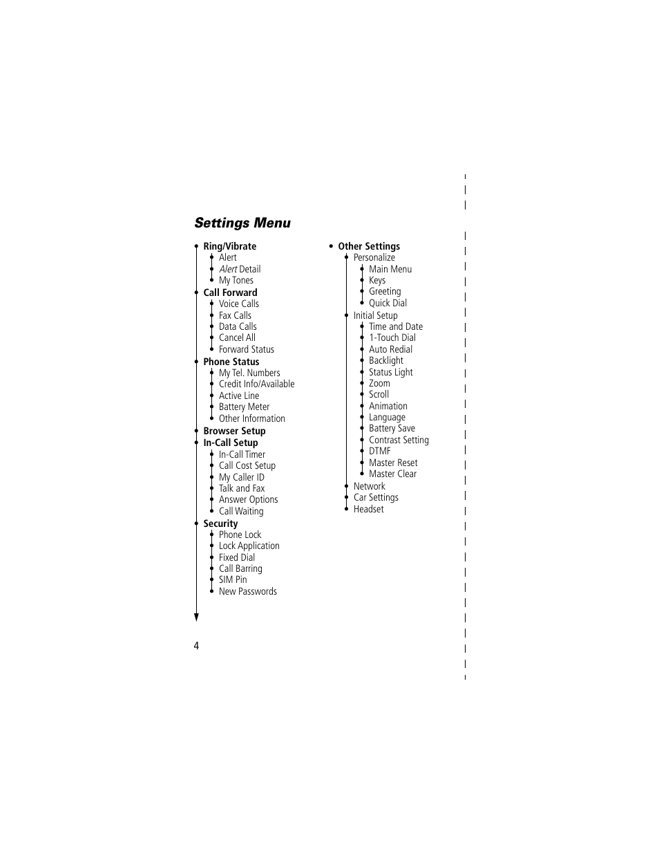 Settings menu | Motorola 60g User Manual | Page 6 / 222