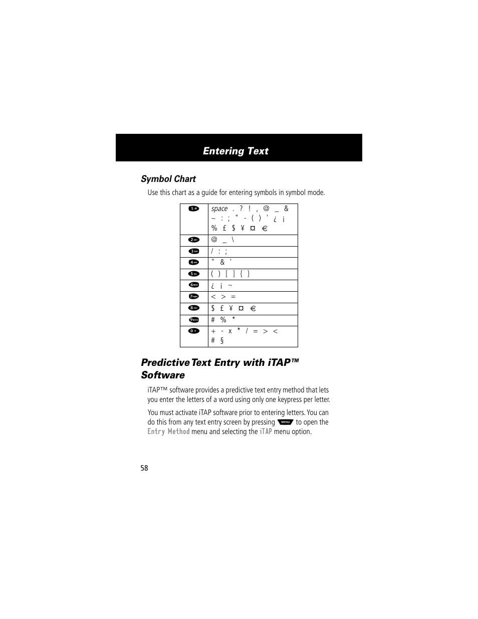 Predictive text entry with itap™ software, Entering text | Motorola 60g User Manual | Page 60 / 222