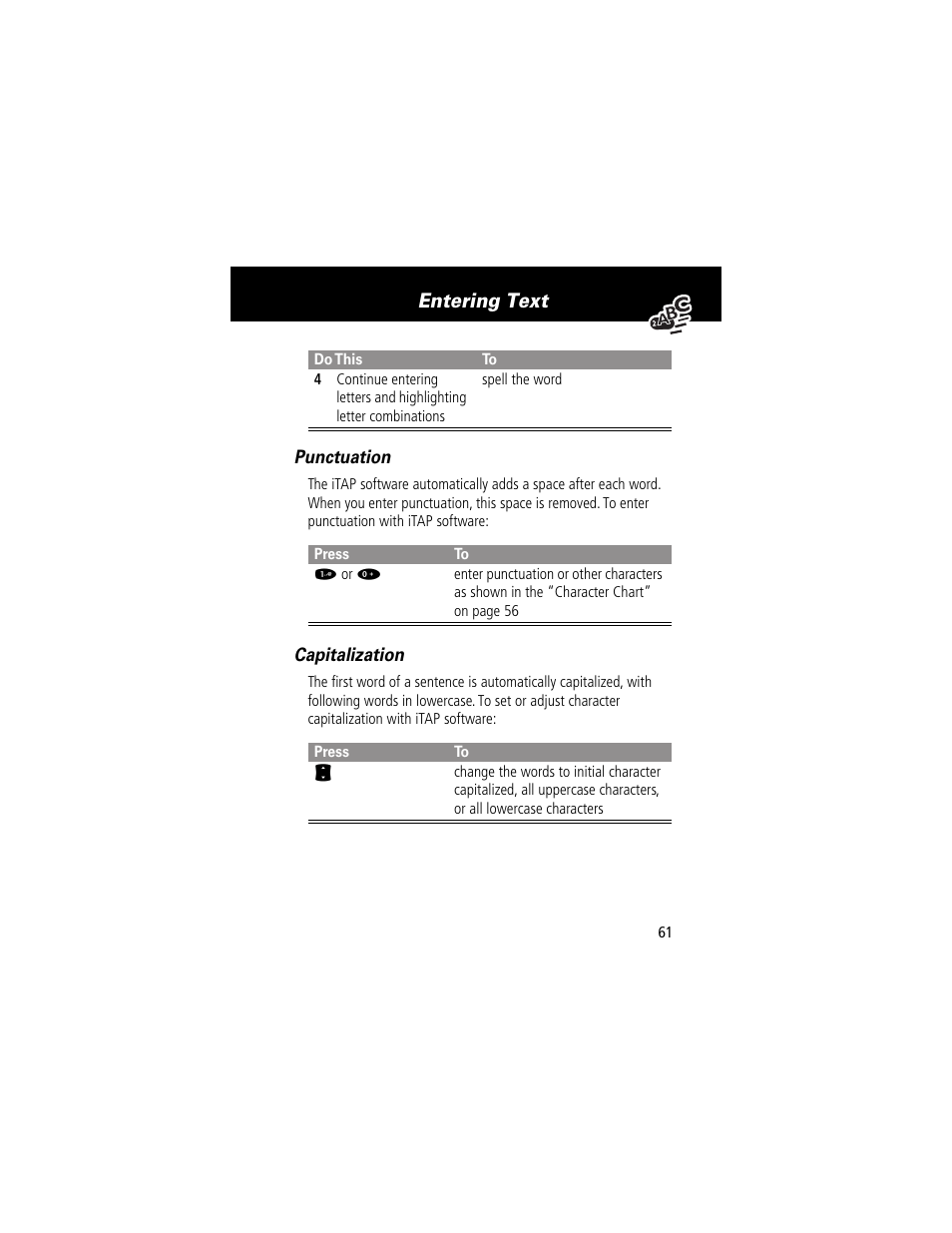 Entering text | Motorola 60g User Manual | Page 63 / 222