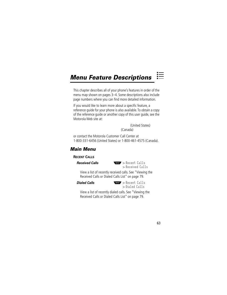 Menu feature descriptions, Main menu | Motorola 60g User Manual | Page 65 / 222