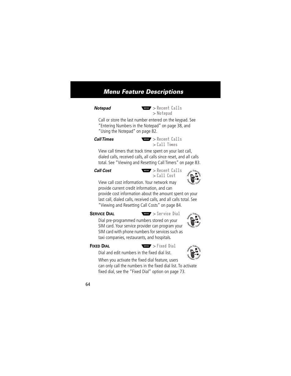 Menu feature descriptions | Motorola 60g User Manual | Page 66 / 222