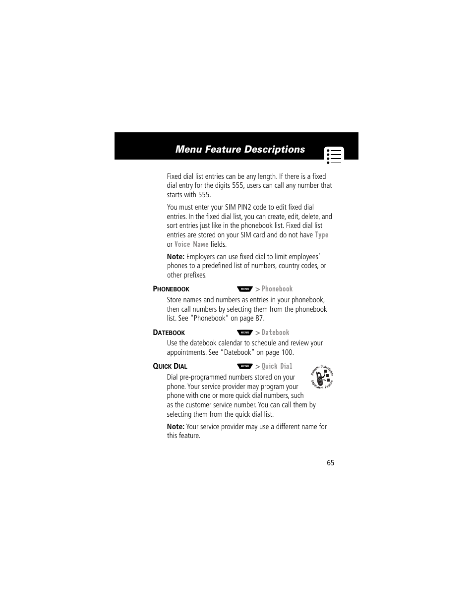 Menu feature descriptions | Motorola 60g User Manual | Page 67 / 222