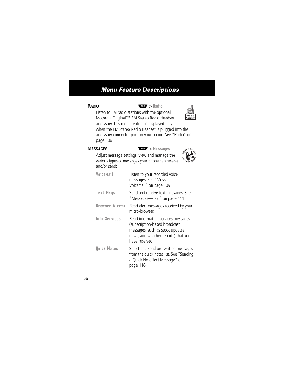 Menu feature descriptions | Motorola 60g User Manual | Page 68 / 222