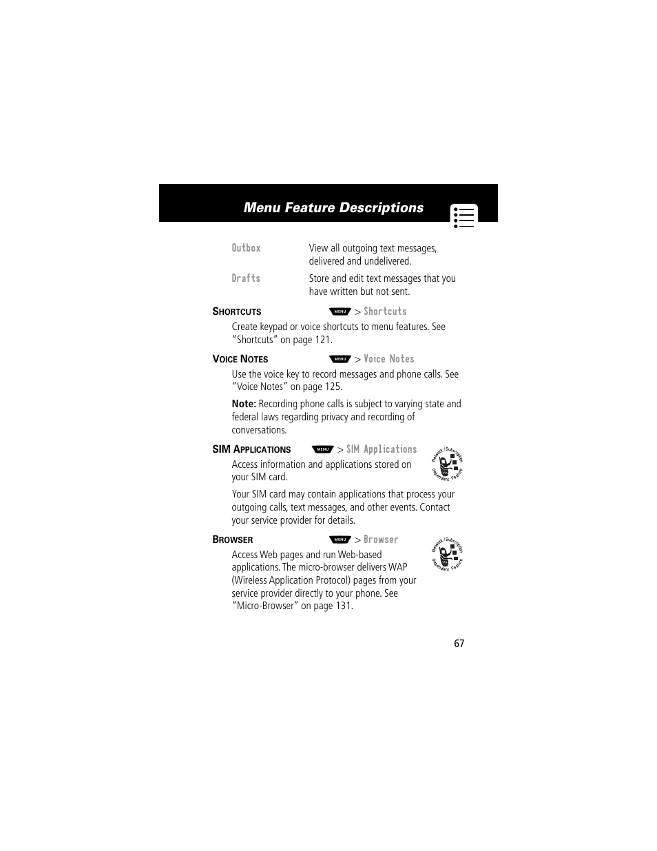 Menu feature descriptions | Motorola 60g User Manual | Page 69 / 222