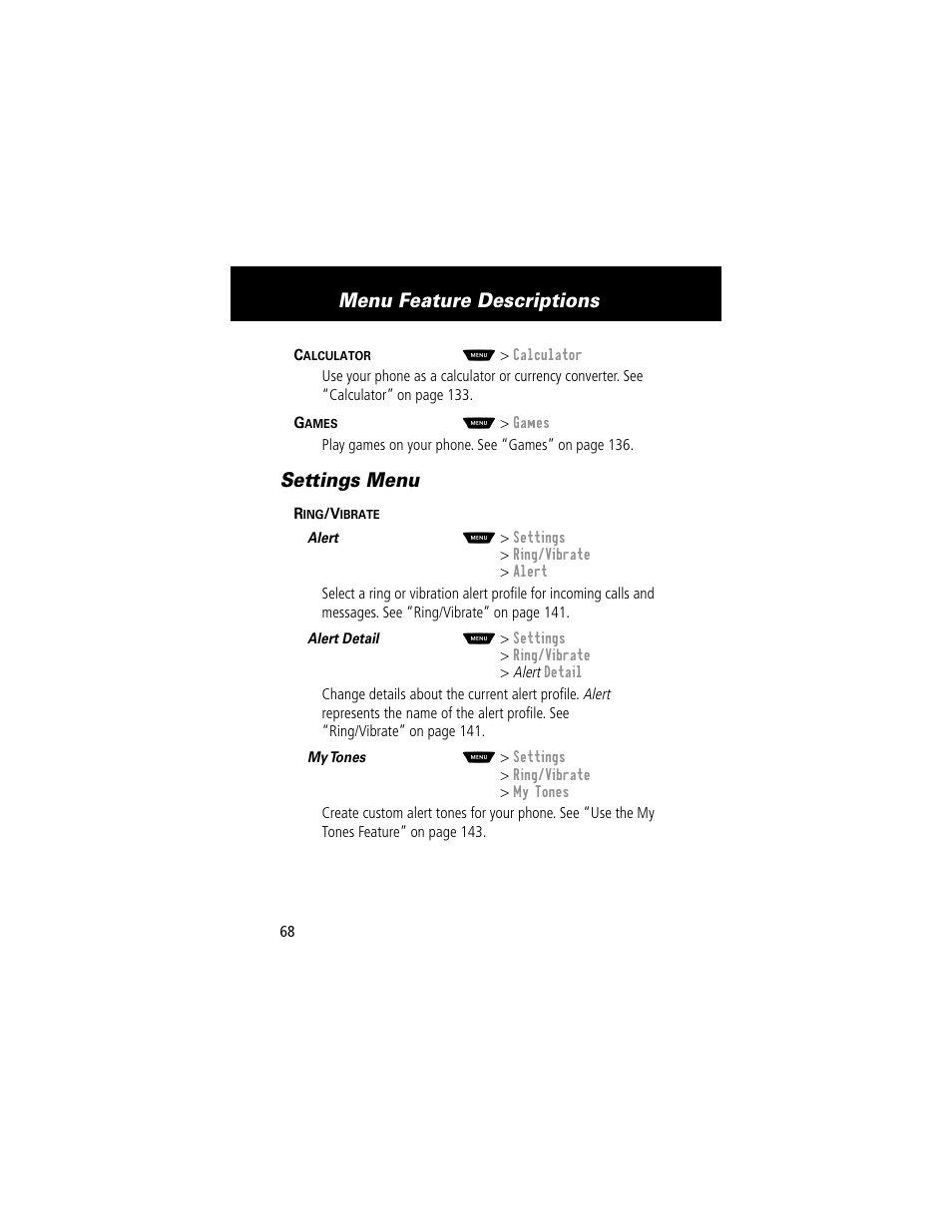Menu feature descriptions, Settings menu | Motorola 60g User Manual | Page 70 / 222