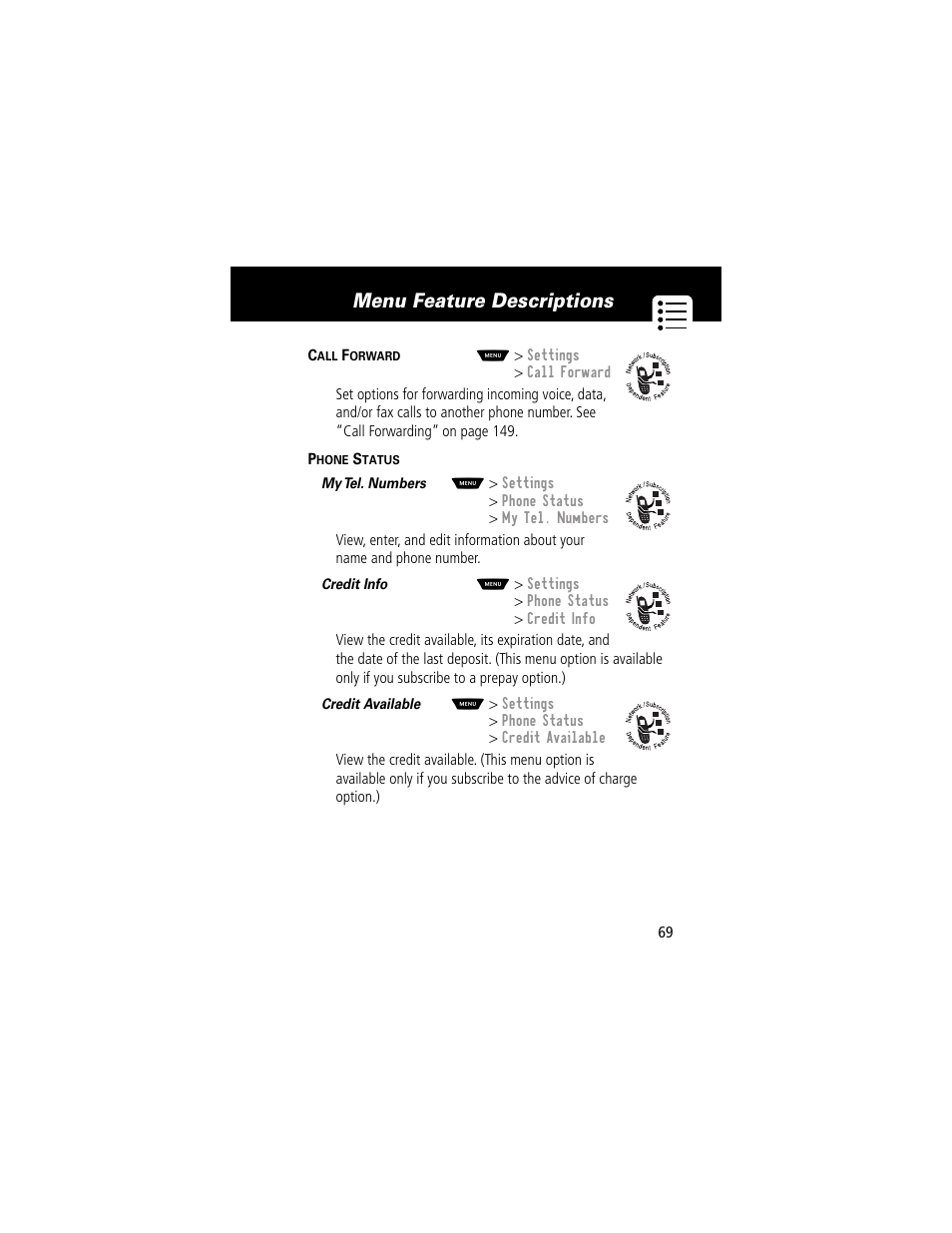 Menu feature descriptions | Motorola 60g User Manual | Page 71 / 222