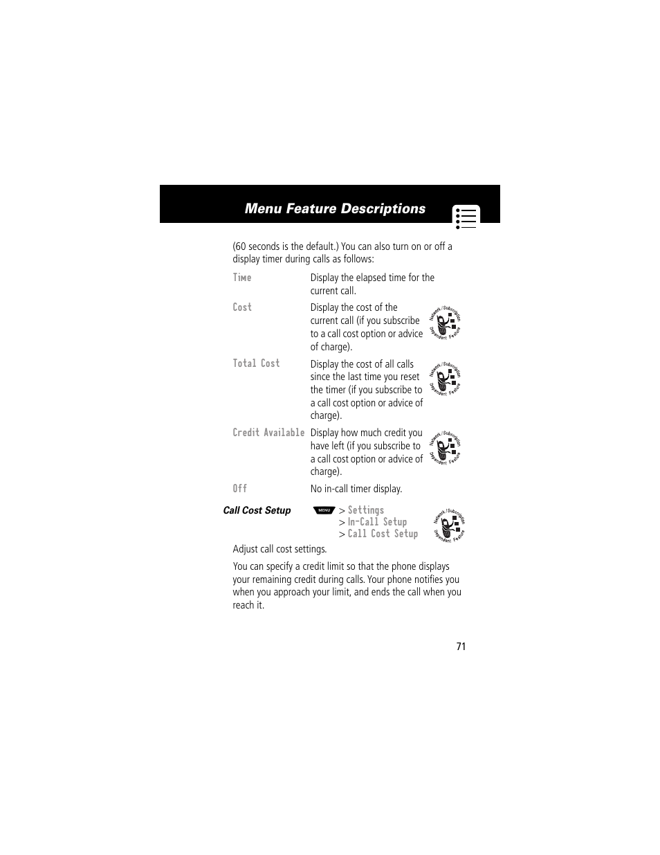 Menu feature descriptions | Motorola 60g User Manual | Page 73 / 222