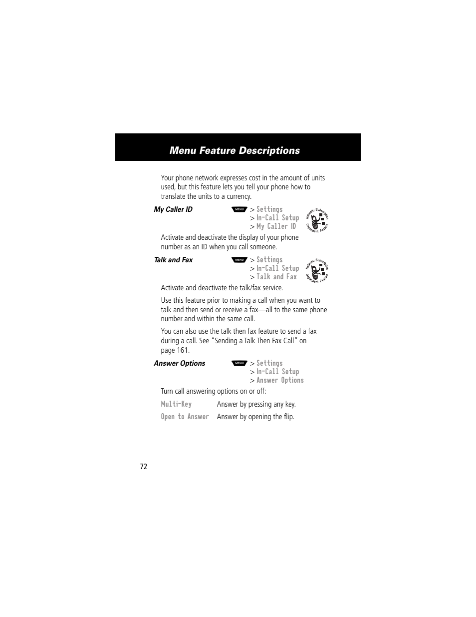 Menu feature descriptions | Motorola 60g User Manual | Page 74 / 222