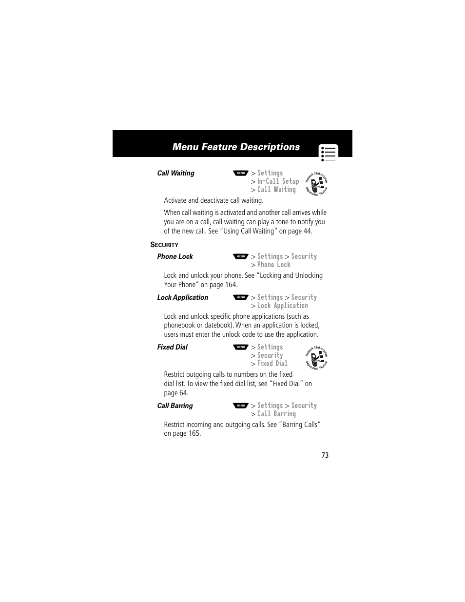 Menu feature descriptions | Motorola 60g User Manual | Page 75 / 222