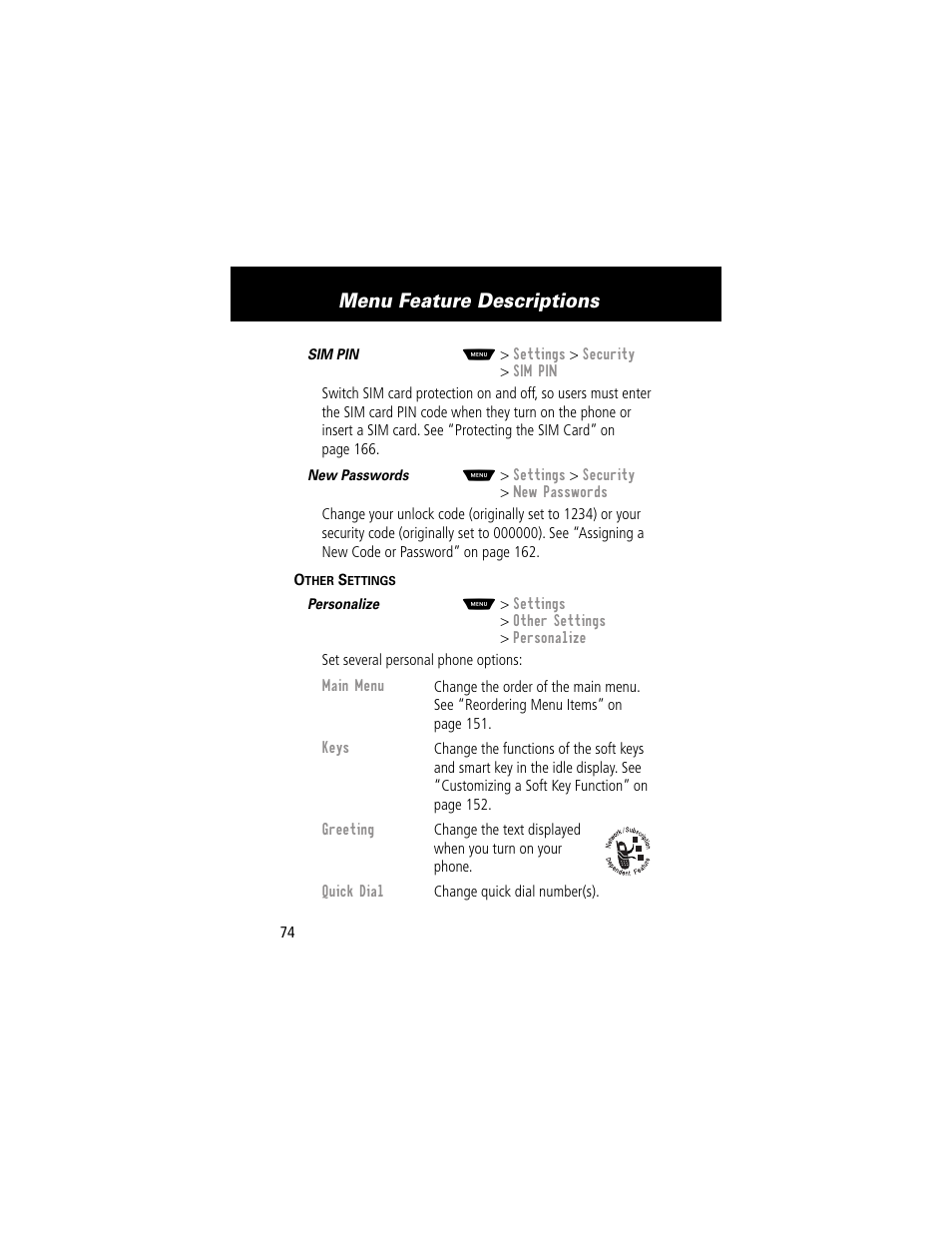 Menu feature descriptions | Motorola 60g User Manual | Page 76 / 222