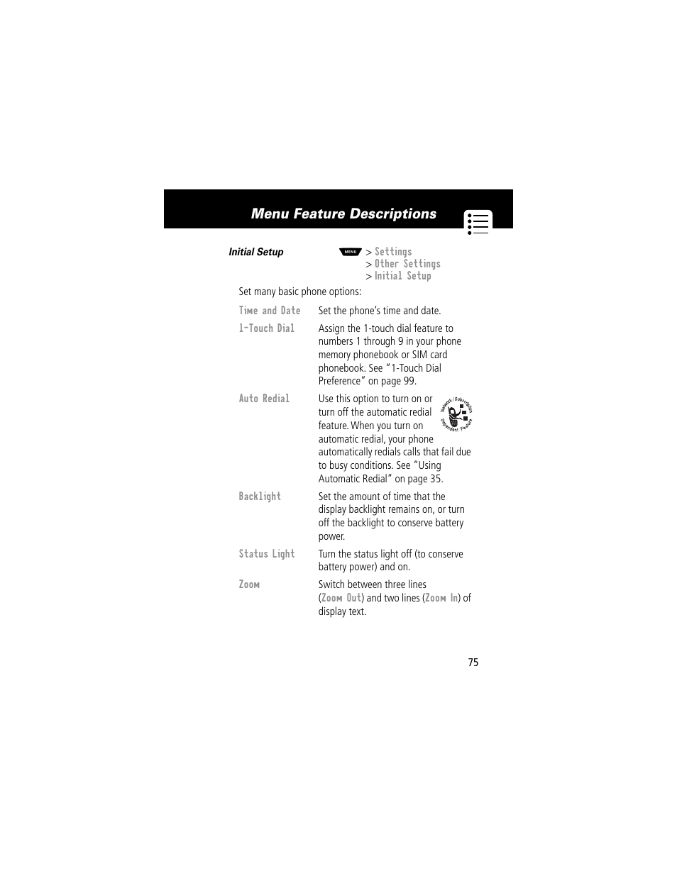 Menu feature descriptions | Motorola 60g User Manual | Page 77 / 222