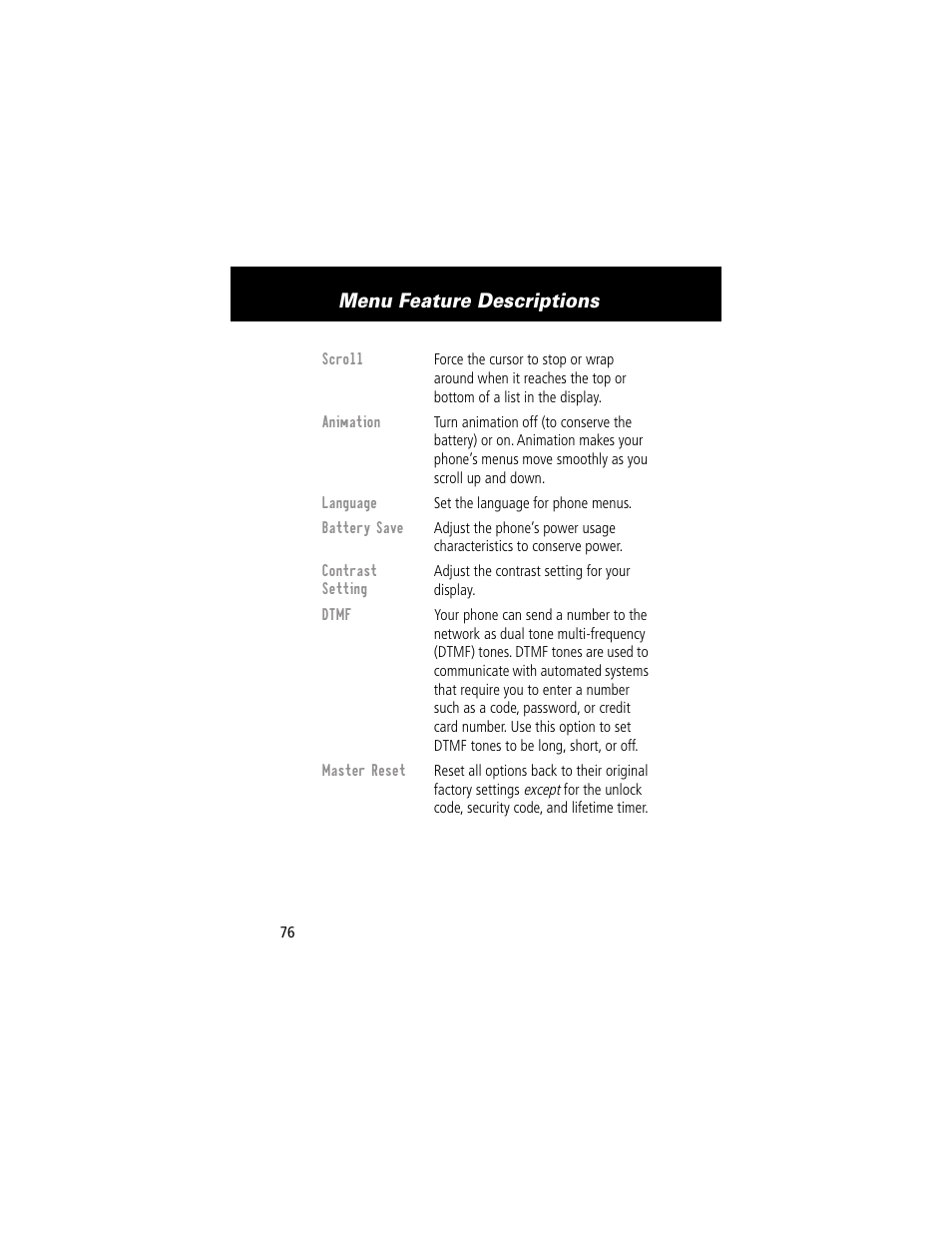 Menu feature descriptions | Motorola 60g User Manual | Page 78 / 222