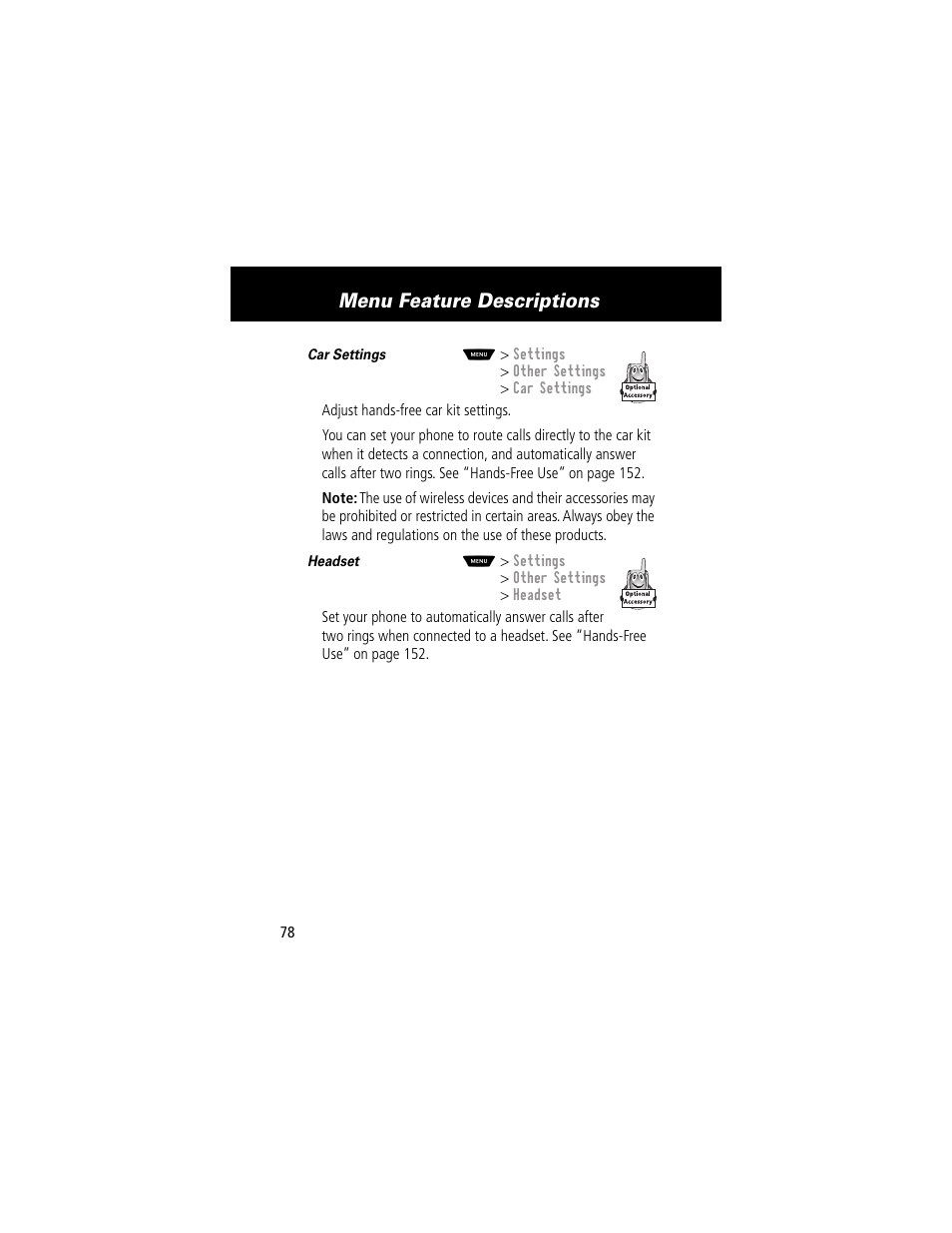 Menu feature descriptions | Motorola 60g User Manual | Page 80 / 222