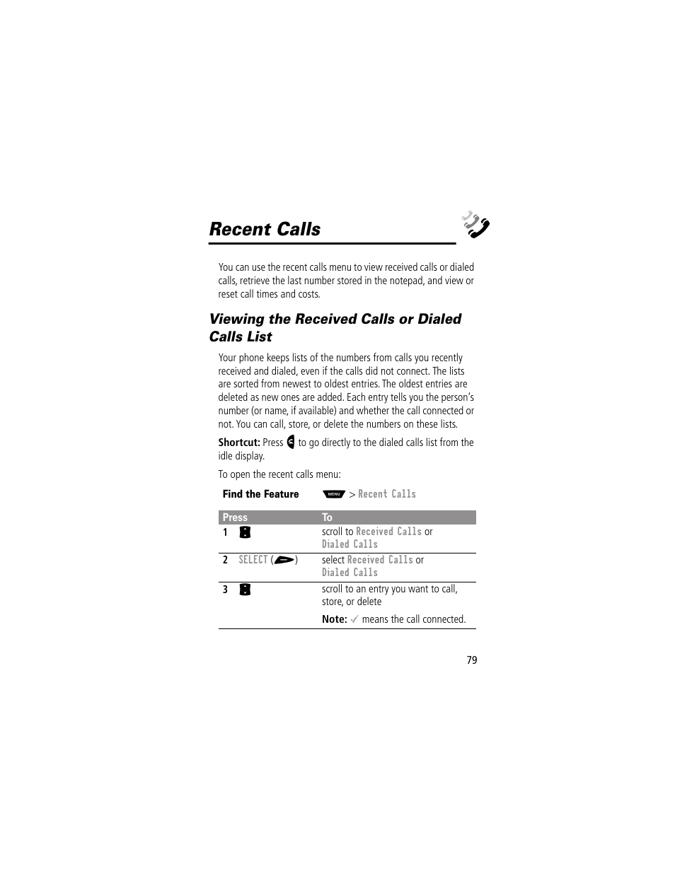 Recent calls, Viewing the received calls or dialed calls list | Motorola 60g User Manual | Page 81 / 222