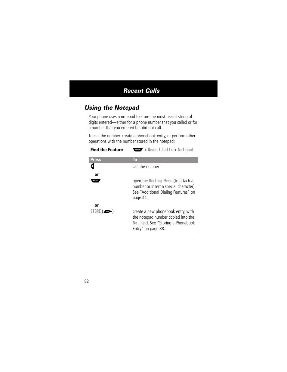 Using the notepad, Recent calls | Motorola 60g User Manual | Page 84 / 222