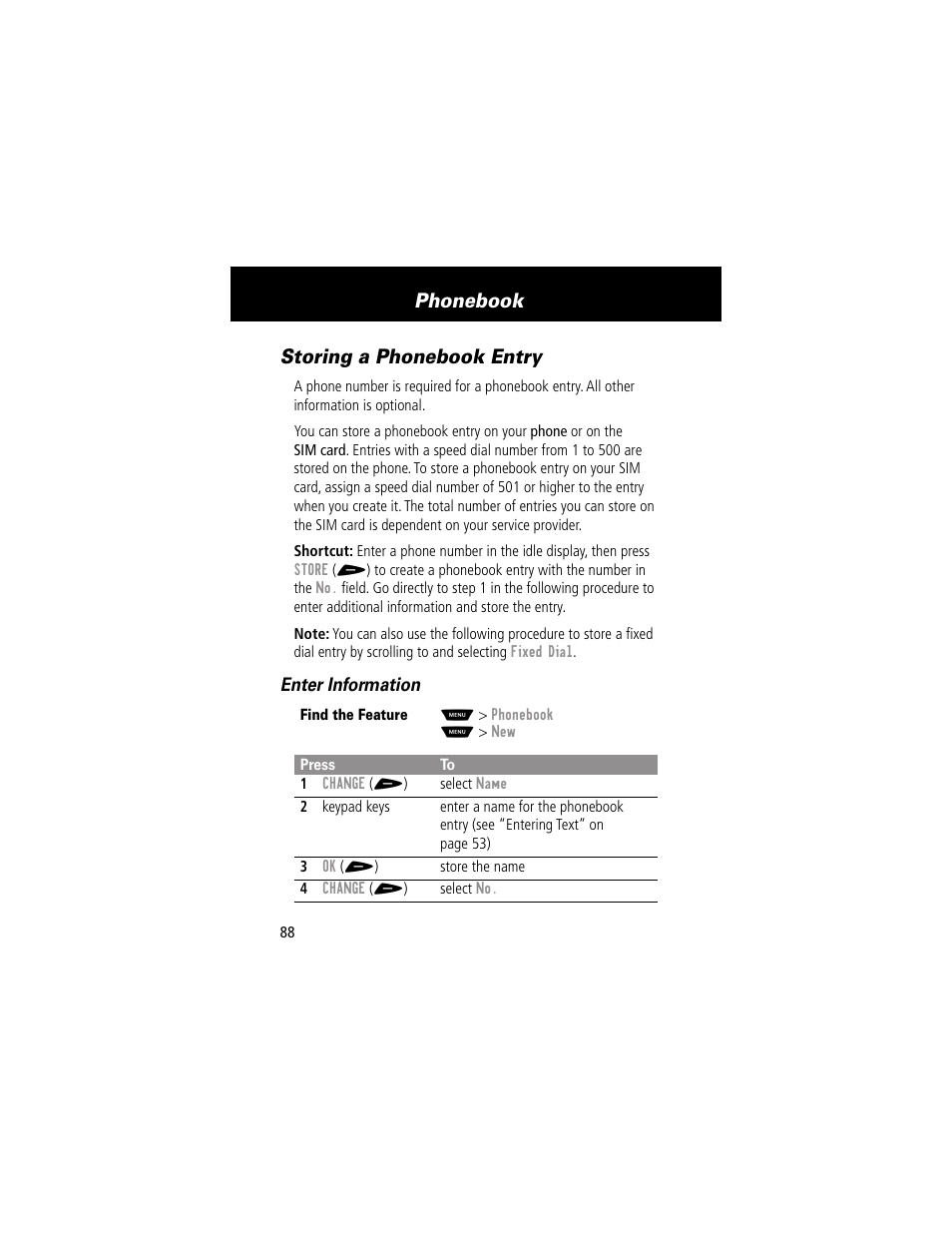 Storing a phonebook entry, Phonebook | Motorola 60g User Manual | Page 90 / 222