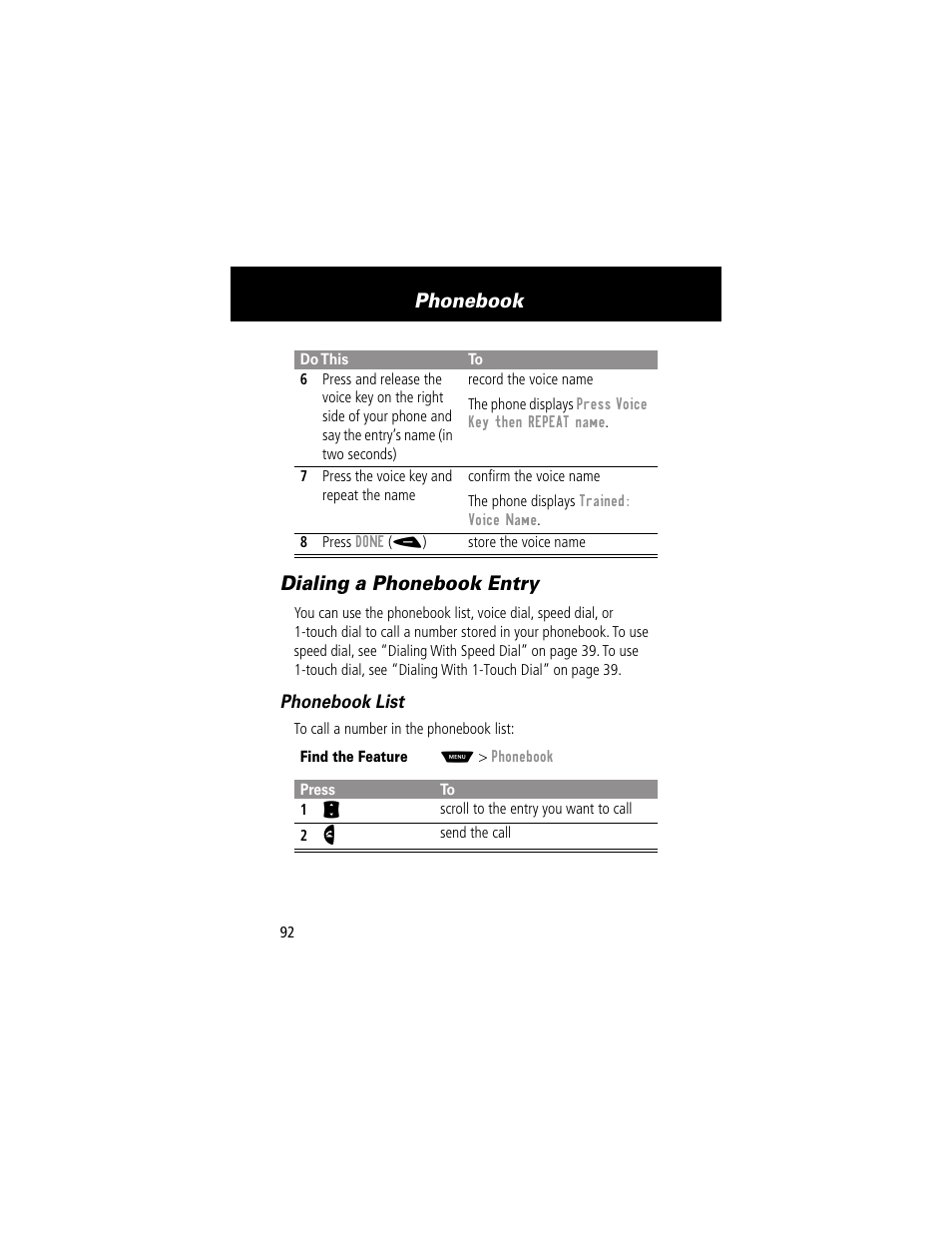 Dialing a phonebook entry, Phonebook | Motorola 60g User Manual | Page 94 / 222