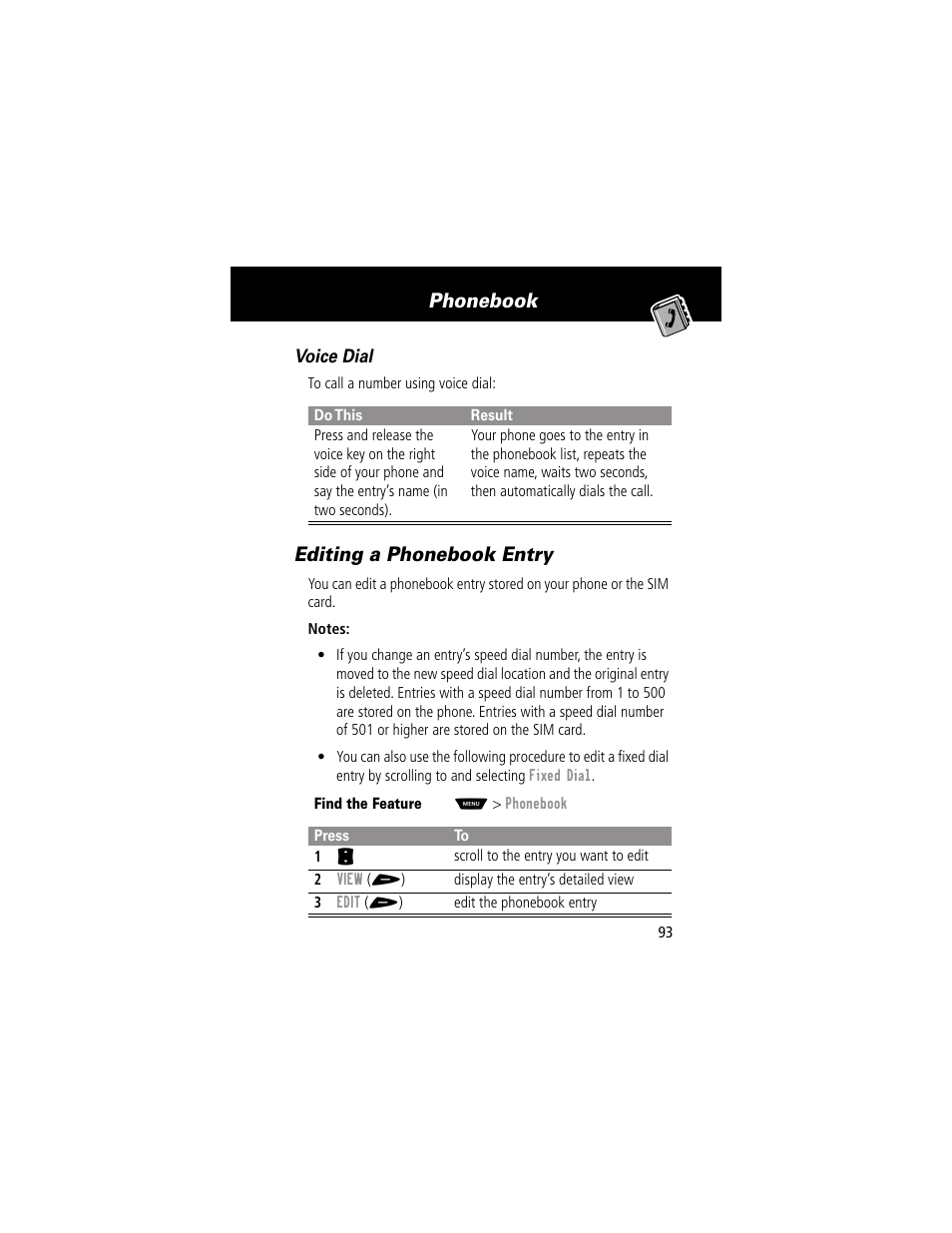 Editing a phonebook entry, Phonebook | Motorola 60g User Manual | Page 95 / 222