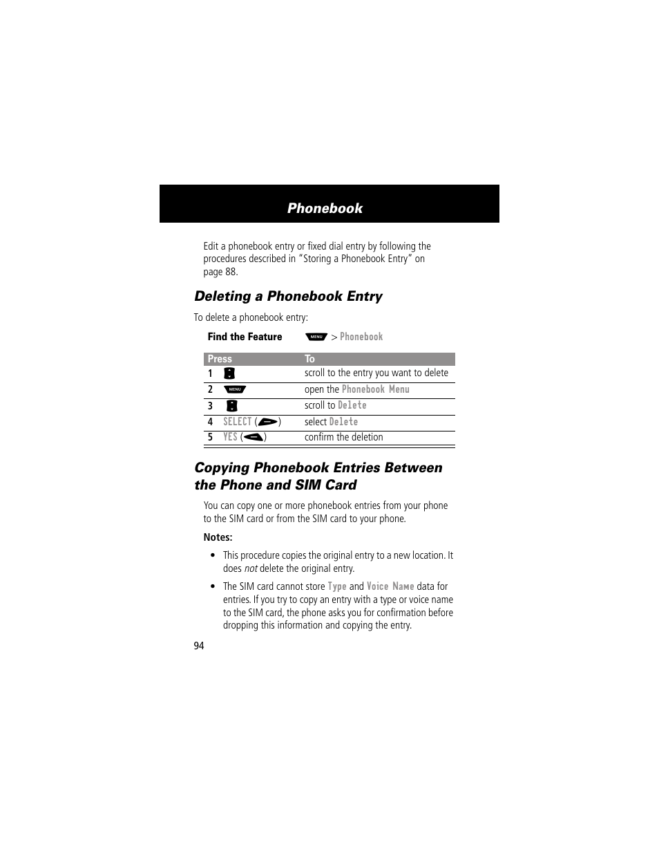 Deleting a phonebook entry, Phonebook | Motorola 60g User Manual | Page 96 / 222