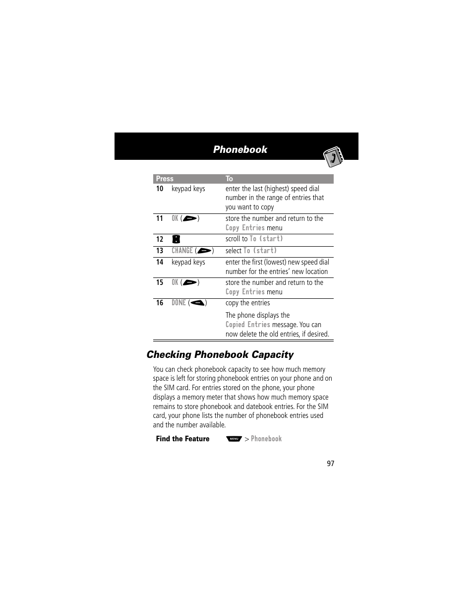 Checking phonebook capacity, Phonebook checking phonebook capacity | Motorola 60g User Manual | Page 99 / 222