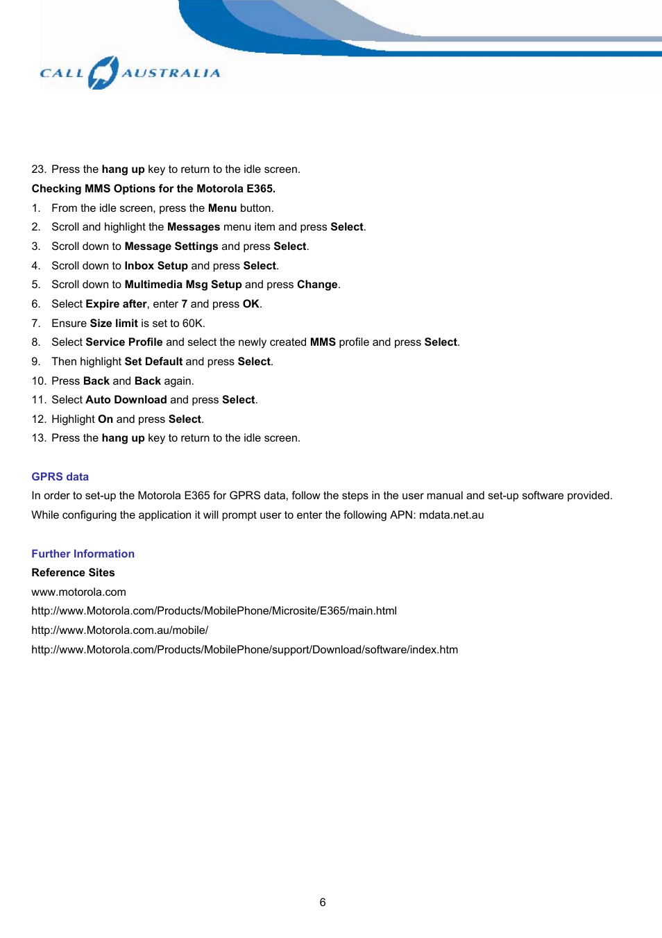 Motorola E365 User Manual | Page 6 / 6