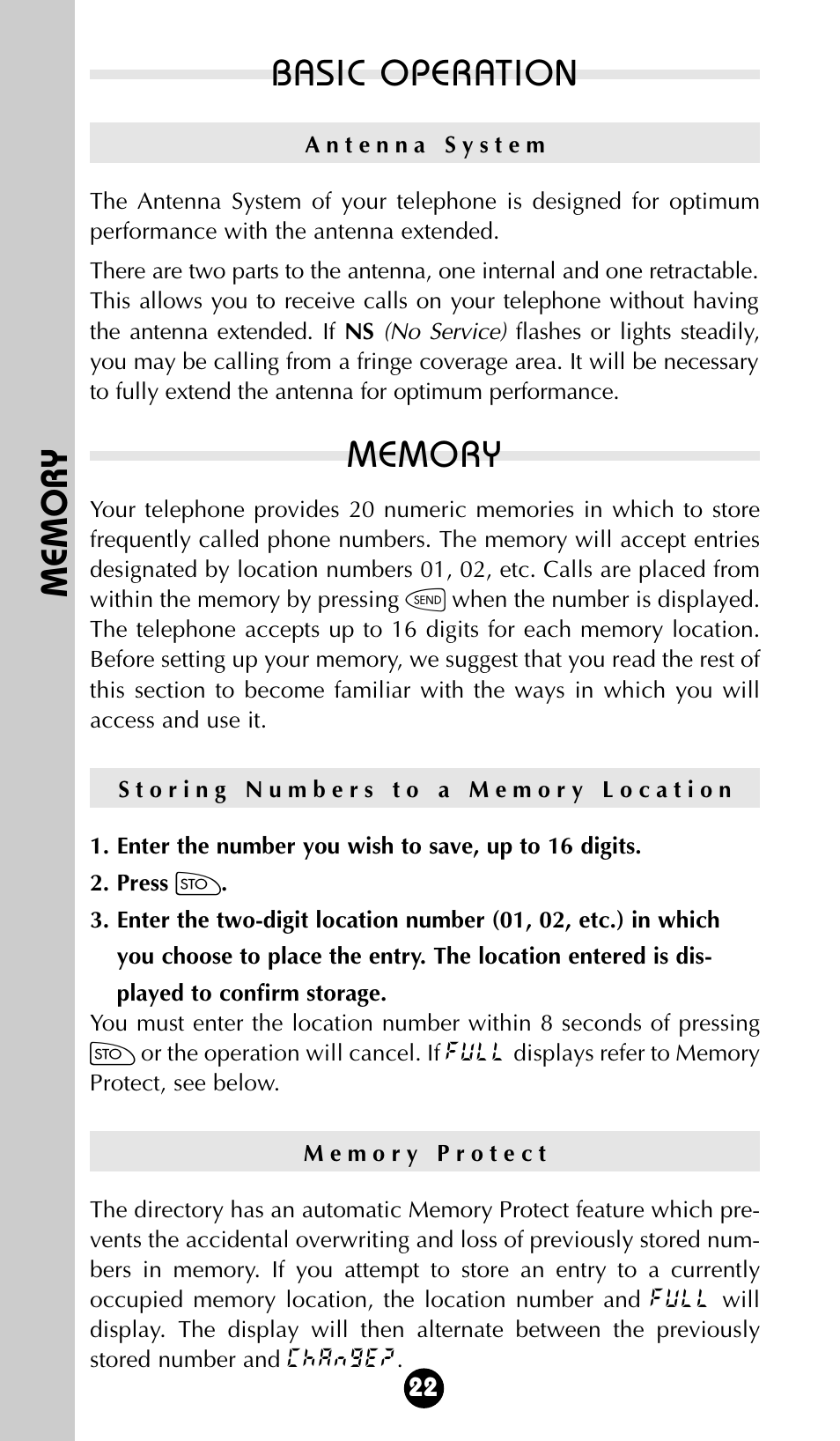 Memory, Basic operation | Motorola 68P09396A92-A User Manual | Page 22 / 64