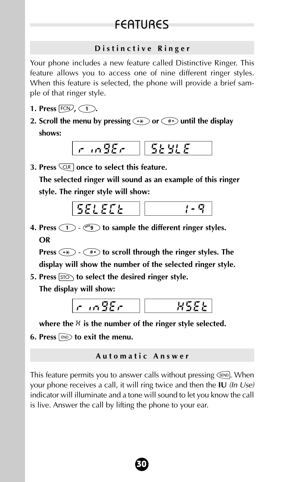 Features, Xset ringer 1-9 select style ringer | Motorola 68P09396A92-A User Manual | Page 30 / 64