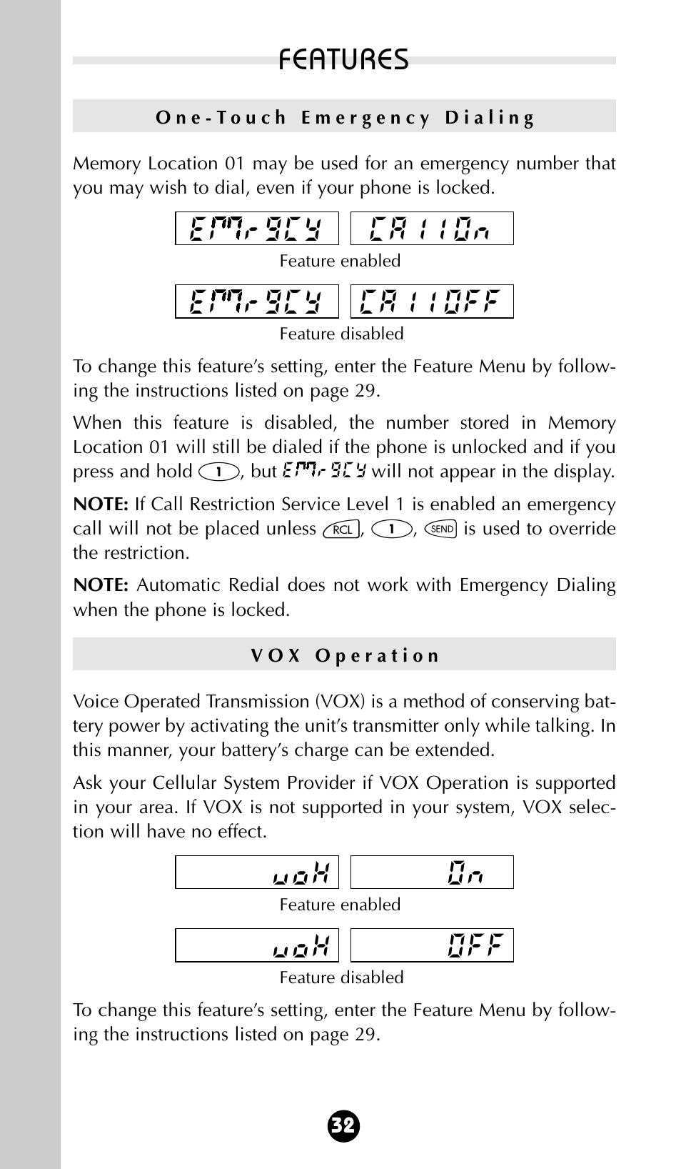 Features, Off vox on vox caii off emrgcy caii on emrgcy | Motorola 68P09396A92-A User Manual | Page 32 / 64
