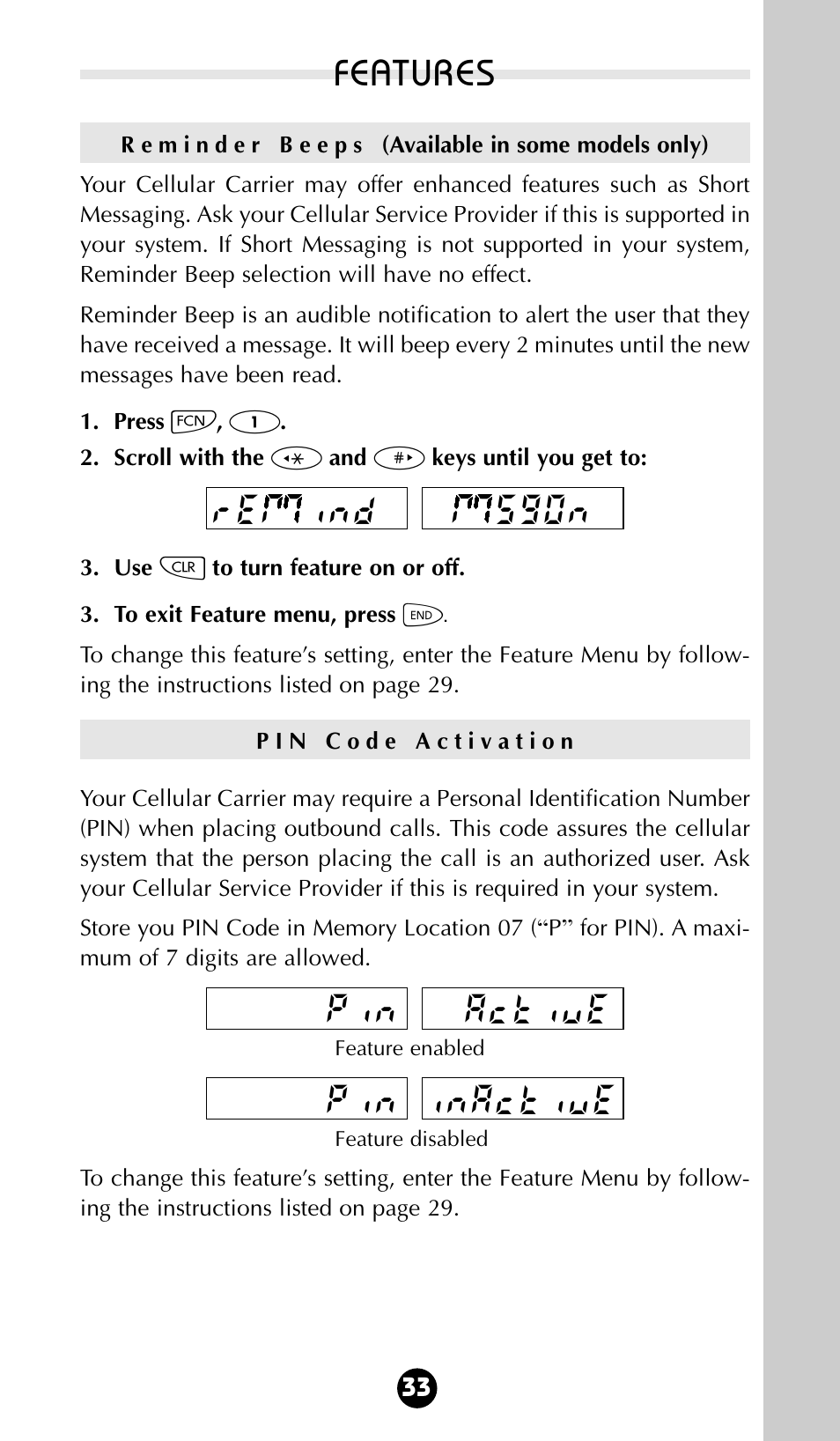 Features, Inactive pin active pin msgon remind | Motorola 68P09396A92-A User Manual | Page 33 / 64