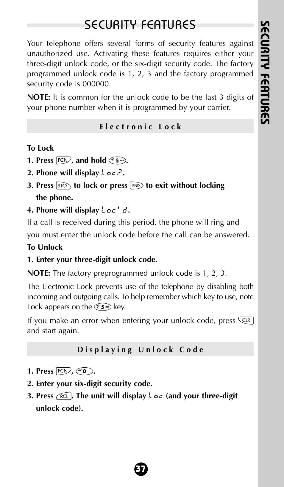 Security features, Security fea tures | Motorola 68P09396A92-A User Manual | Page 37 / 64