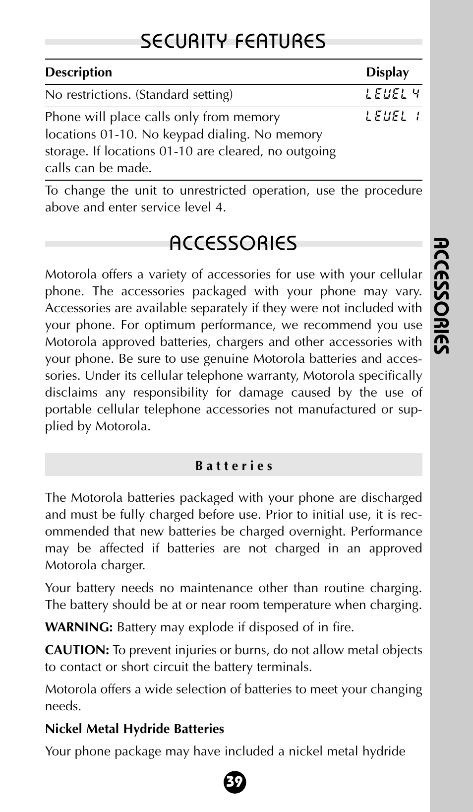 Accessories, Security features | Motorola 68P09396A92-A User Manual | Page 39 / 64