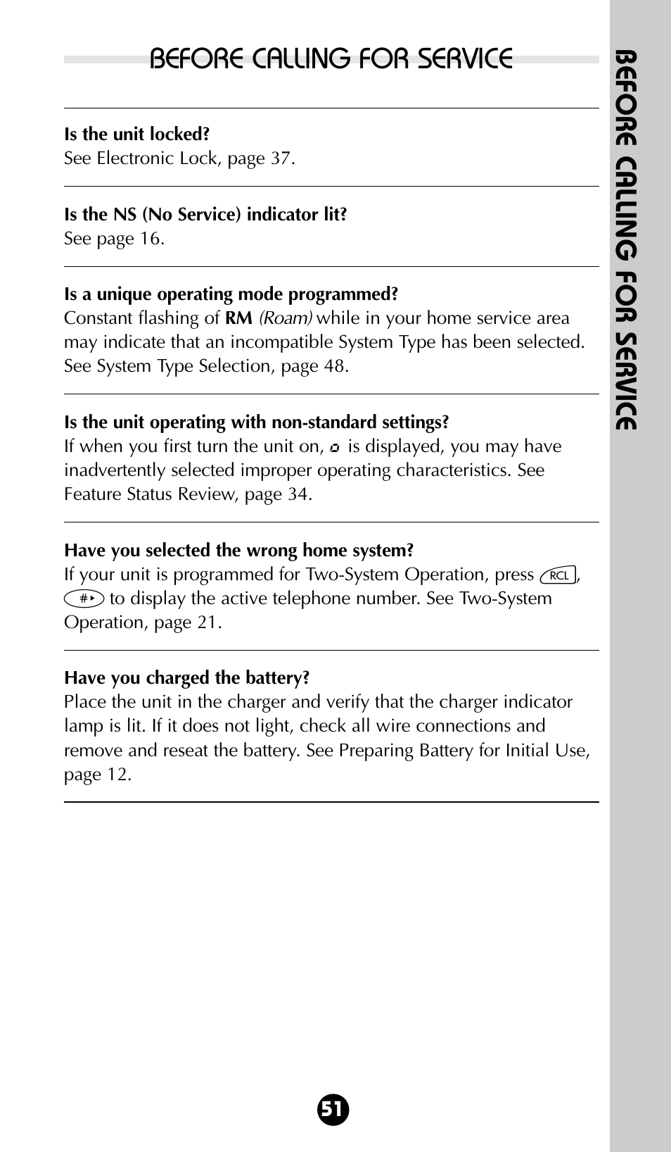 Before calling for service, Before calling for ser vice | Motorola 68P09396A92-A User Manual | Page 51 / 64