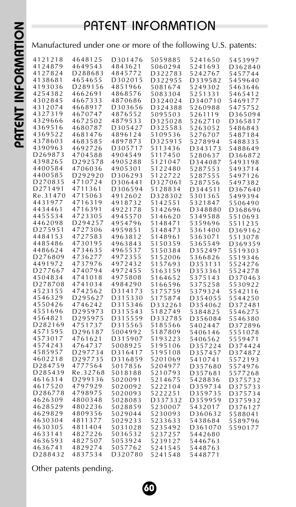 Patent information, Pa tent informa tion | Motorola 68P09396A92-A User Manual | Page 60 / 64
