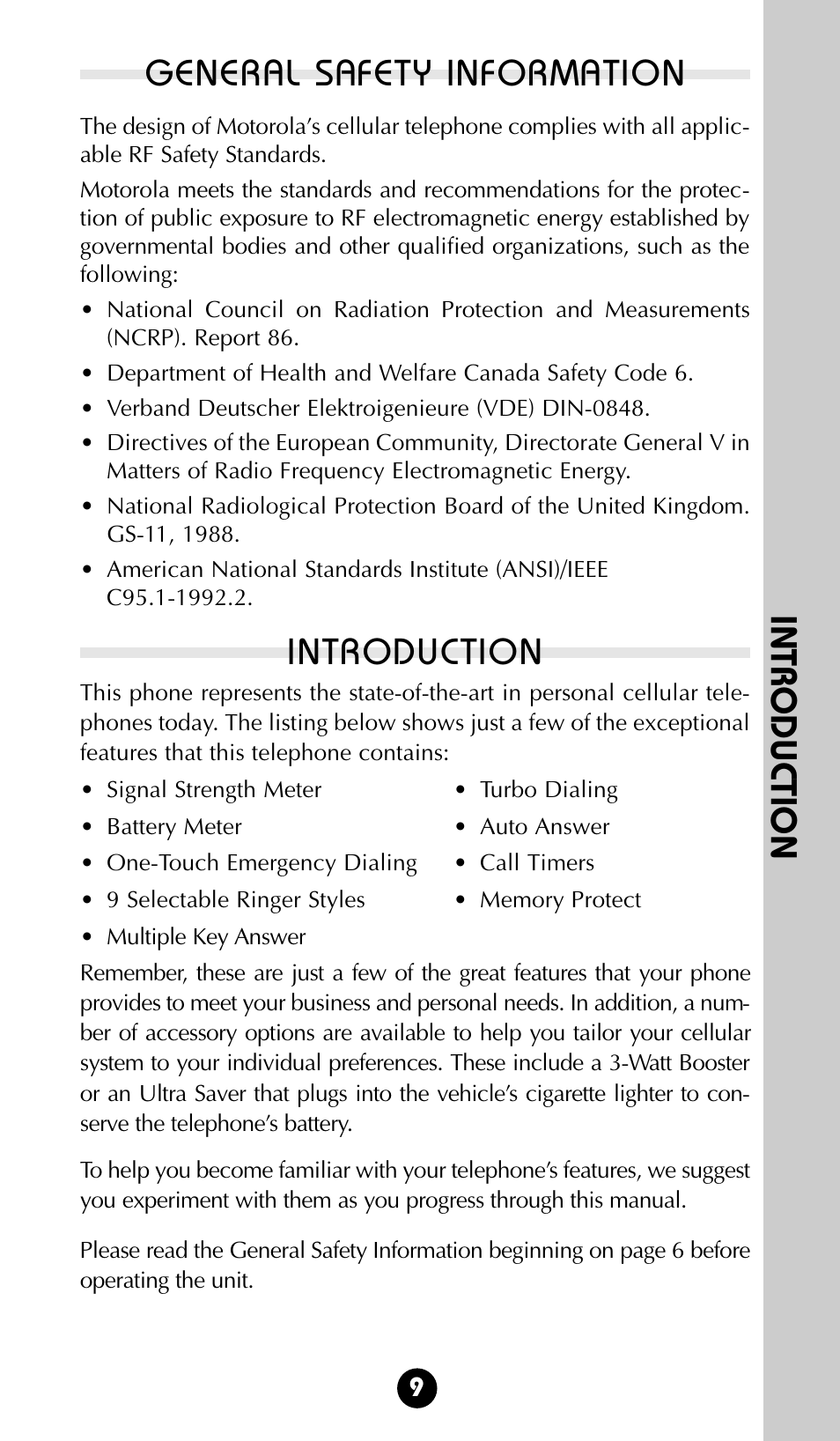 Untitled, General safety information, Introduction | Motorola 68P09396A92-A User Manual | Page 9 / 64