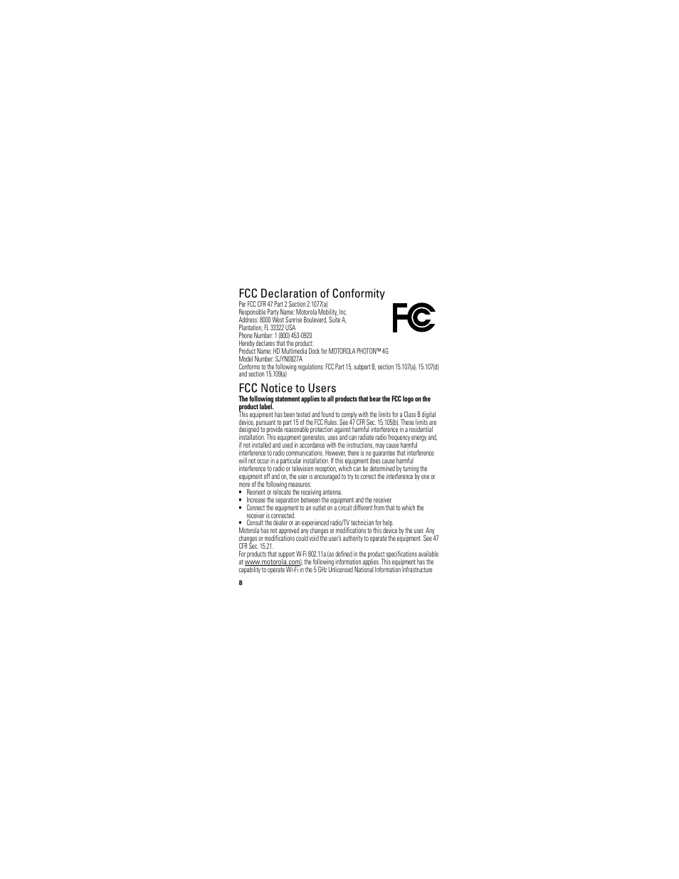 Fcc doc, Fcc notice, Fcc declaration of conformity | Fcc notice to users | Motorola PHOTON SJYN0827A User Manual | Page 10 / 38