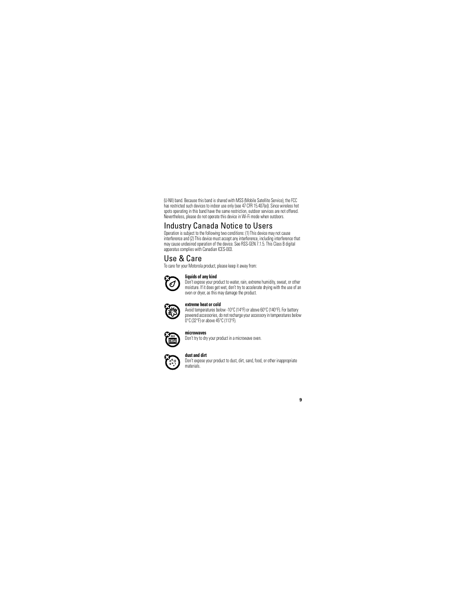 Industry canada notice, Use & care, Industry canada notice to users | Motorola PHOTON SJYN0827A User Manual | Page 11 / 38