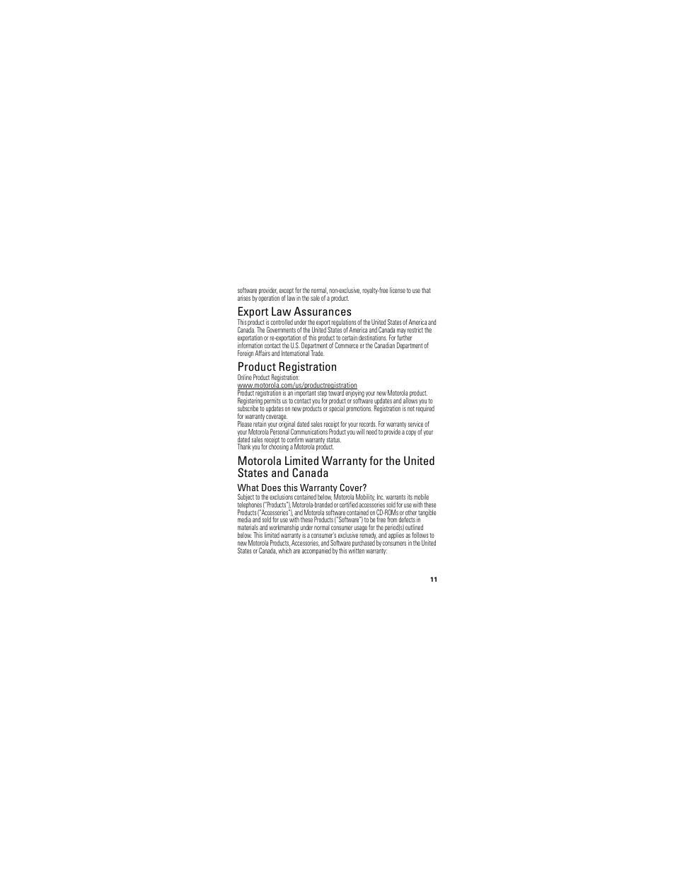 Export law, Registration, Warranty | Export law assurances, Product registration, What does this warranty cover | Motorola PHOTON SJYN0827A User Manual | Page 13 / 38