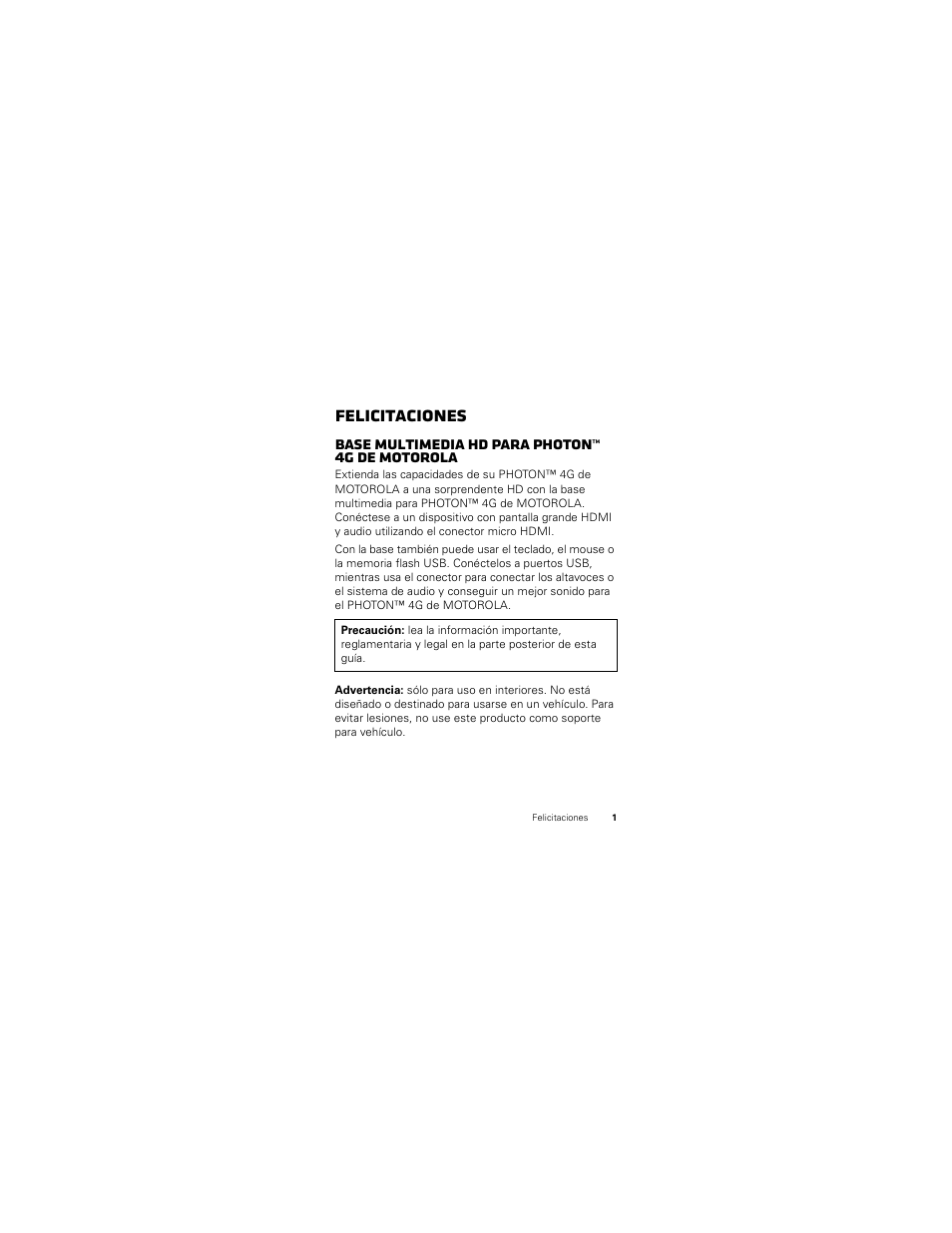 Felicitaciones, Base multimedia hd para photon™ 4g de motorola | Motorola PHOTON SJYN0827A User Manual | Page 21 / 38