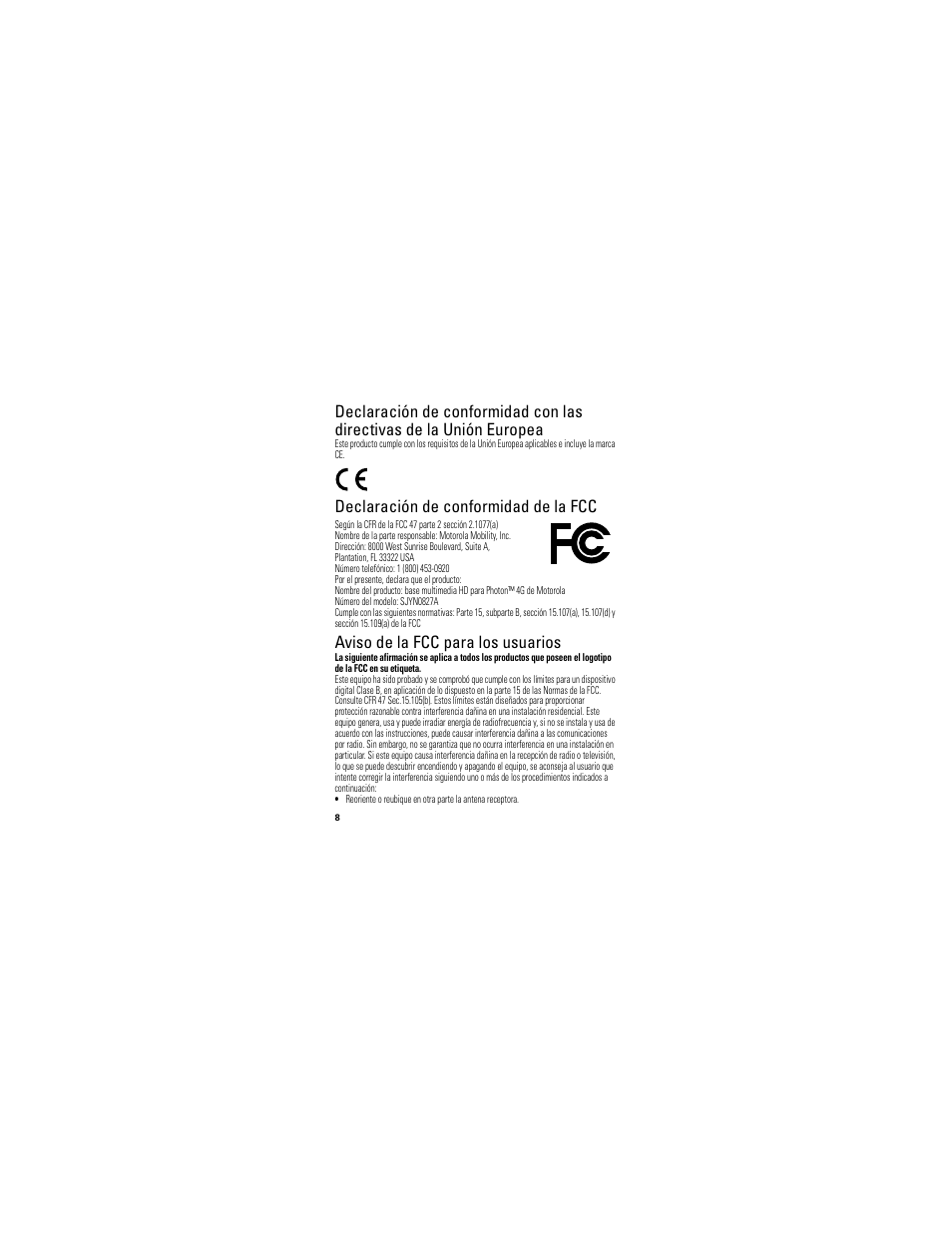 Conformidad con la ue, Doc de la fcc, Aviso de la fcc | Declaración de conformidad de la fcc, Aviso de la fcc para los usuarios | Motorola PHOTON SJYN0827A User Manual | Page 28 / 38