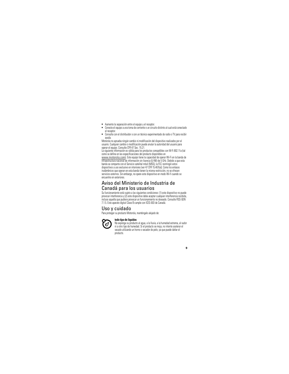 Aviso de industry canada, Uso y cuidado | Motorola PHOTON SJYN0827A User Manual | Page 29 / 38