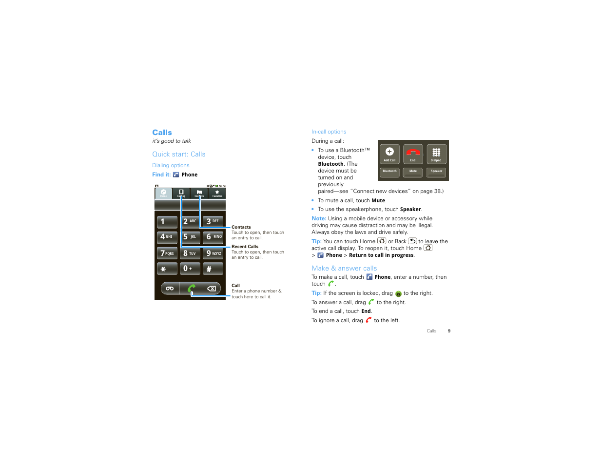 Calls, Quick start: calls, Make & answer calls | Motorola DROID 68000202474-B User Manual | Page 11 / 58